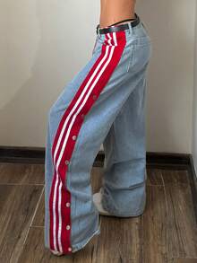 StreetHx Women's Casual Versatile Patchwork Denim Jeans With Sporty Style - Light Wash - View 3