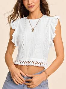 Coeurva 夏季海灘女式孔眼刺繡荷葉邊白色 T 卹 - 白色 - 查看 2