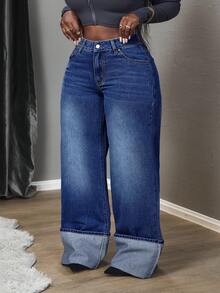 Slaydiva Plus Size Casual Solid Color Button Pocket Jeans - Dark Wash - View 6