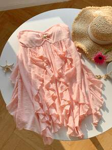 Comfortcana Women's Strapless Metal Starfish Decor Ruffle Hem Sexy Mini Dress, Fashionable For Dates And Parties, Summer Outfits For Women,Pink Dress - Pink - View 3