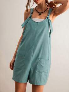 女士纯色口袋休闲连体裤，适合度假和日常穿着 - 綠色 - 查看 6