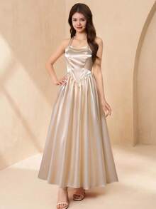 Teen Girl Solid Color Pleated Elegant Party Dress - Champagne - View 3