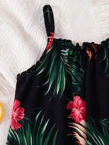 SHEIN Young Girl Vacation Casual Chiffon Ditsy Floral Jumpsuit - Black - View 5