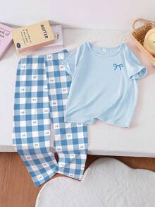SHEIN Tween Girls Pajama Set, Blue Bow Top Paired With Classic Black & White Plaid Bow Pants, Fashionable & Elegant Short Sleeve & Long Pants Sleepwear - Blue - View 4