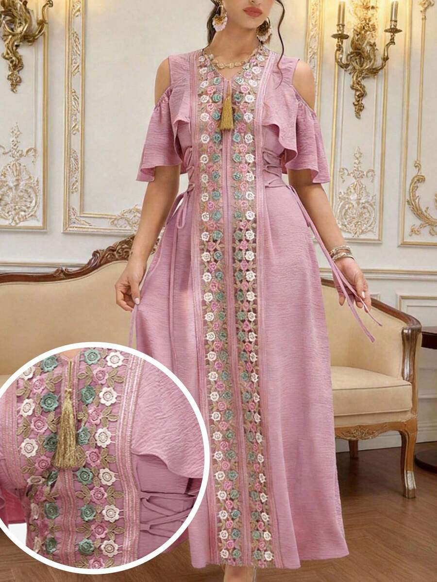 Al Najma Women's Solid Color Patchwork Fringe Detail Minimalist Long Arabic Style Dress, Arabian Dresses Romantic Young Pink Dress - Pink - View 1