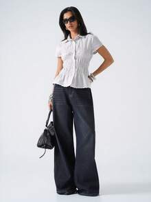 LYSMO Women's Casual Checkered Print Ruffle Hem Fitted Blouse, Suitable For Daily Wear And Commuting - White - View 1