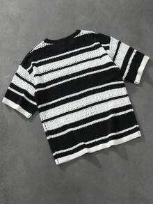 Manfinity LEGND 男士条纹圆领短袖休闲镂空针织上衣 - 黑色 - 查看 2