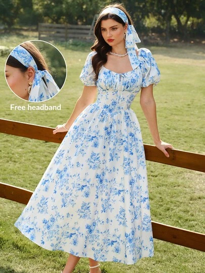 Vintamour Vintage Elegant Women's Dress With Pockets, Headband, Rose Floral Print, Pleated, Bow Tie, Casual Holiday Dress