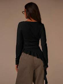 Athîral 女士时尚纯色荷叶边不对称下摆衬衫，适合日常穿着，女士秋季服装，女士秋季穿搭，女士秋季服装，休闲舒适，长袖，独特时尚的单品，非常适合秋季外出。 - 黑色 - 查看 5