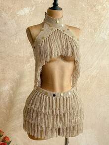 Soleia Fringe Detail Knit Top, Ibiza Style, Sexy Holiday Celebration Knit Vacation, Autumn/Winter - Apricot - View 6