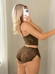 Sweetina Textured Fabric Camisole And Low-Waist Shorts Set - Coffee Brown - View 2