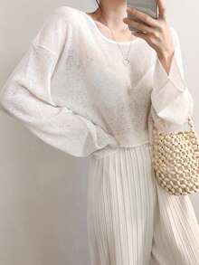 DAZY Loose Fit Sheer Lightweight Long Sleeve Women Oversized T-Shirt - White - View 6