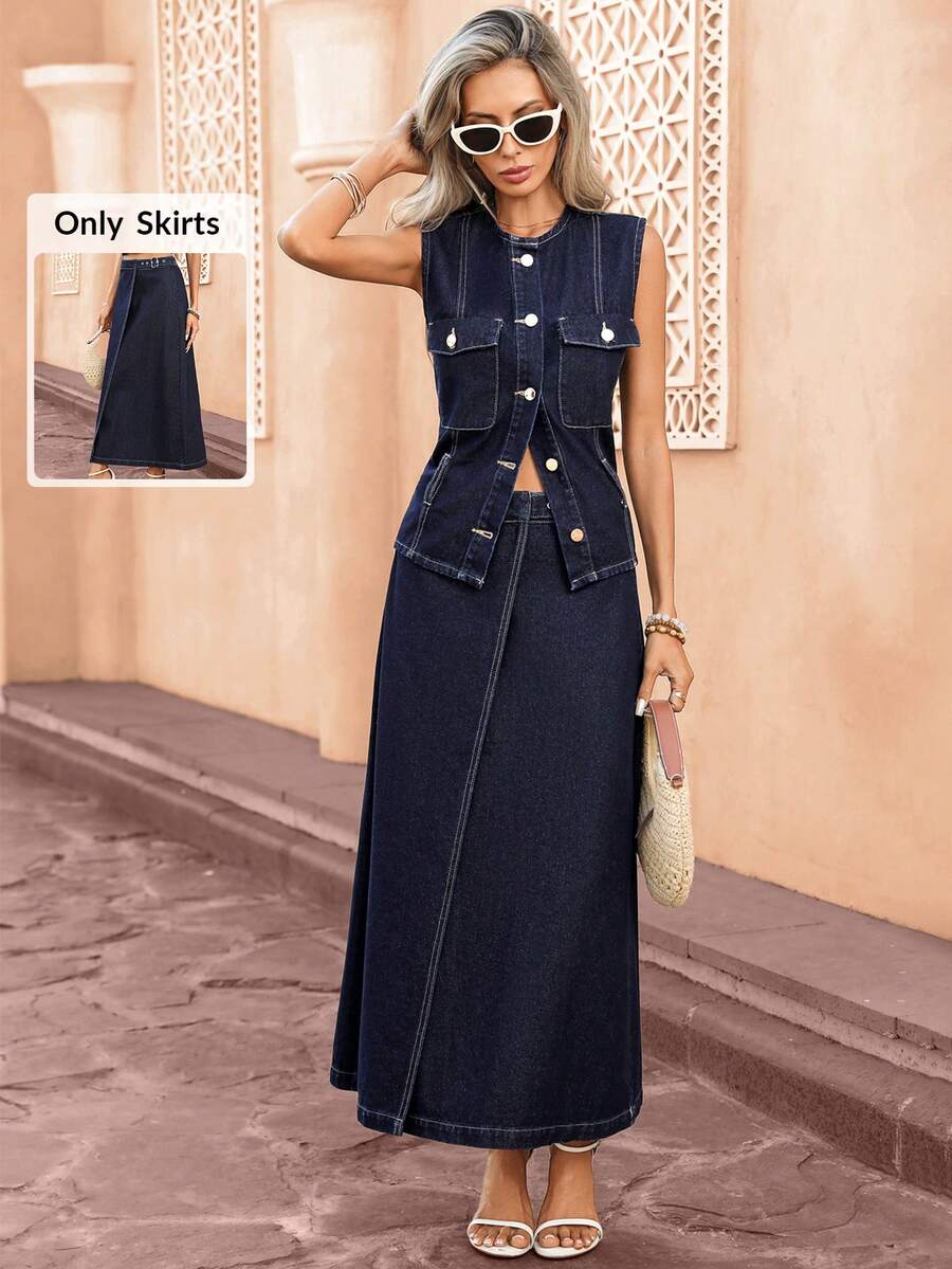 Selianne Falda mini de mezclilla de línea A casual para mujer, versátil para el uso diario - Azul lavado oscuro - Ver 1