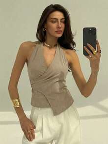 Aloruh 卡其色极简通勤卡其色春夏新款露背吊带金属扣可调节腰身女士西装外套 - 卡其色 - 查看 5