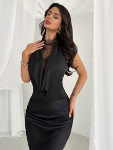 Firerie Women's Elegant Sexy Minimalist Romantic Daily Versatile Music Festival Party Date Vacation Beach Plunging Neck Lace Sheer Splice Sleeveless Bodysuit, Black - Black - View 4