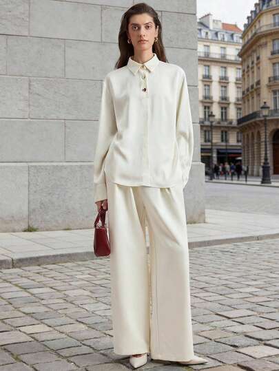 Ontre 2026 New Spring/Summer Women's Romantic Valentine's Day Satin Loose Long Sleeve Shirt With Metal Buttons, Elegant Office Business Casual Simple Commuter Versatile Blouse