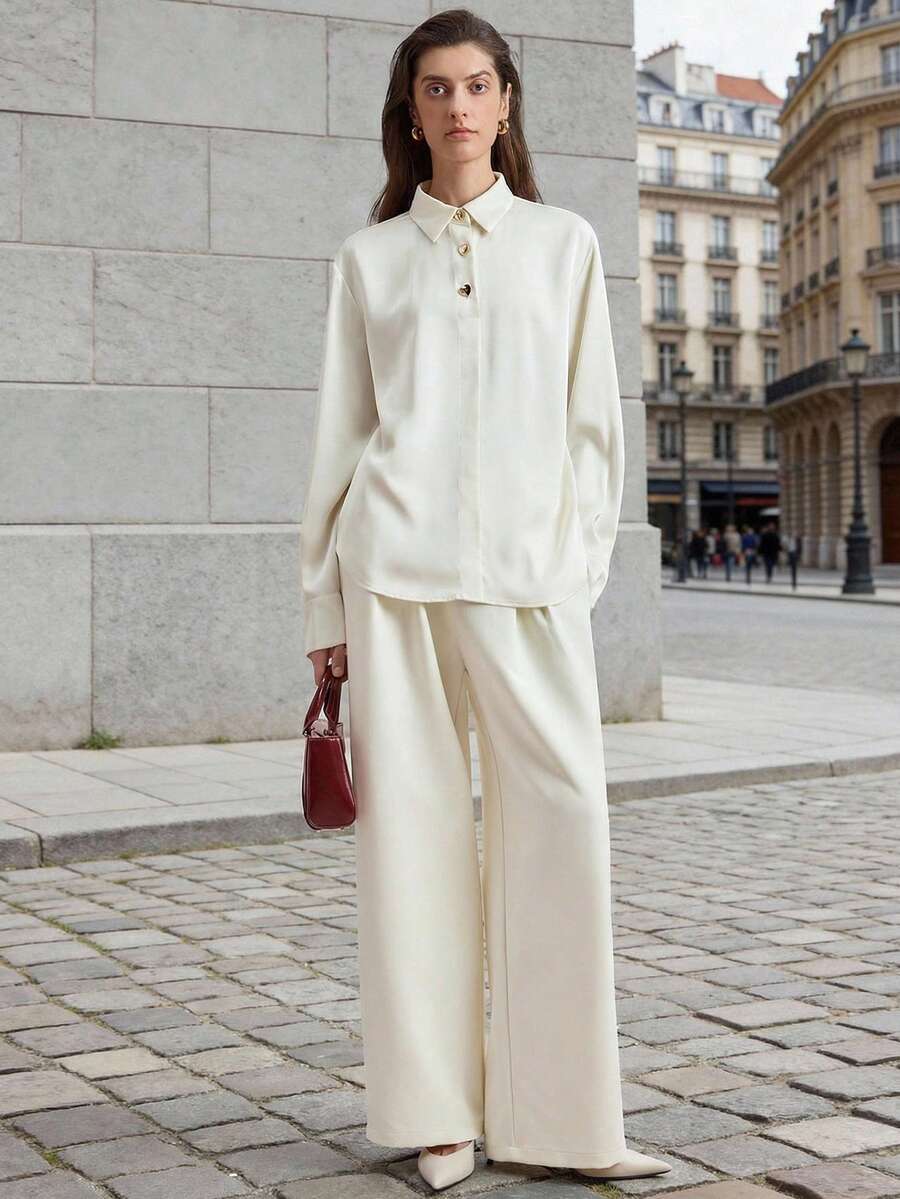 Ontre Áo sơ mi nữ dài tay dáng rộng bằng satin, kiểu dáng lãng mạn mùa xuân/hè 2026, thích hợp cho ngày Valentine, với cúc kim loại, thanh lịch, phù hợp cho công sở, đi làm, đơn giản và đa năng.