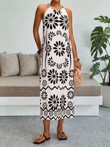 Breezaya 女士宽松露背印花中长连衣裙，休闲海滩度假印花图案 - 黑與白 - 查看 4