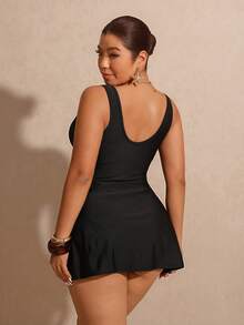 Elaquor Plus Size Women Solid Color Side Slit Hem Swimwear Skirt With Swim Shorts Spring/Summer Casual Vacation Swimwear Sets For Women - Black - View 2