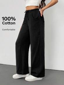 SHEIN Tall Quần ống rộng chất liệu 100% cotton, kiểu dáng thoải mái, đa năng, có túi, phù hợp cho mùa thu/đông và xuân/hè. - màu đen - Xem 5