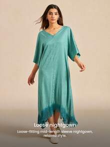 LUVLETTE Women's Breathable Teal Satin Sleep Dress Loose-Fit Midi Dress With Fringe Trim Lightweight Nightwear Gown Pyjama - Green - View 2