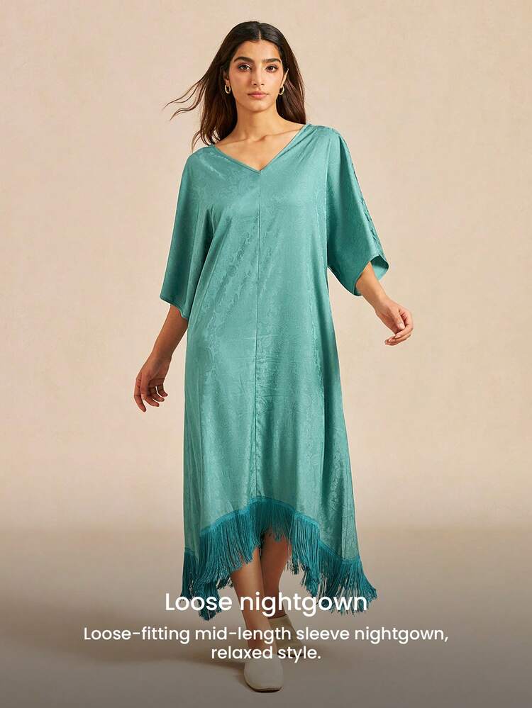 Vestido de dormir de satén turquesa transpirable para mujer, vestido midi de corte holgado con ribete de flecos, camisón ligero, pijama para mujer