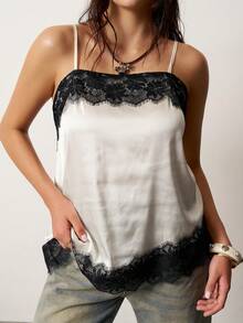 Enliva Áo hai dây phối ren satin cỡ lớn dành cho nữ, vạt áo bất đối xứng với chi tiết ren trang trí, áo mặc đi chơi, phù hợp với dáng người quả táo và tròn trịa, thích hợp cho mùa hè. - Màu be - Xem 10