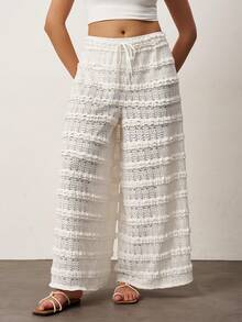 Enliva 大码波西米亚风秋冬女装休闲度假风纯色波点针织蕾丝荷叶边高腰直筒裤，适合海滩度假、西部乡村风音乐会度假等场合，也适合日常穿着。白色阔腿裤，适合苹果型和圆润身材，夏季穿着。 - 白色 - 查看 6