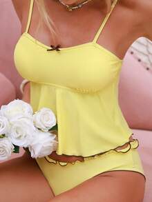 Swim Mod 两件套女士甜美可爱纯色吊带上衣和常规三角比基尼泳衣套装，夏季沙滩装 - 黃色 - 查看 4