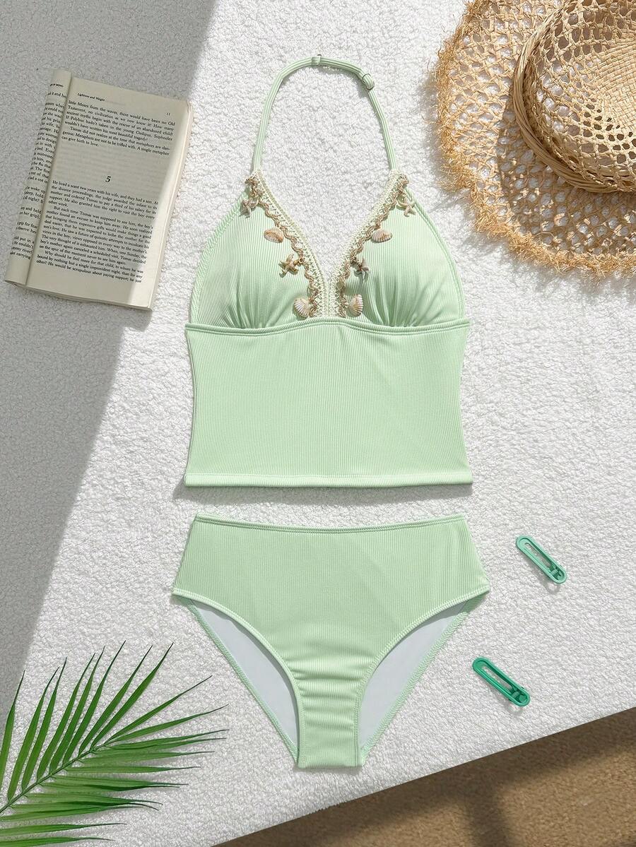 SHEIN Bộ đồ bơi Tankini 2 mảnh cho bé gái tuổi teen, áo hai dây màu xanh bạc hà vải gân có dây đeo vai điều chỉnh được, trang trí vỏ sò và sao biển, quần tam giác cùng màu, trang phục dễ thương đi biển/hồ bơi/kỳ nghỉ hè, bộ đồ bơi cạp cao kín đáo, bộ bikini, bộ đồ bơi cho bé gái, bộ đồ bơi màu xanh lá cây - màu xanh lá - Xem 1