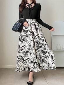 FRIFUL Women's Criss-Cross Binding Square Neck Ribbed Petal Sleeve Fitted Lace Hem Floral Decor Sweet Long Dress Maxi Dress Sundress - Black - View 2