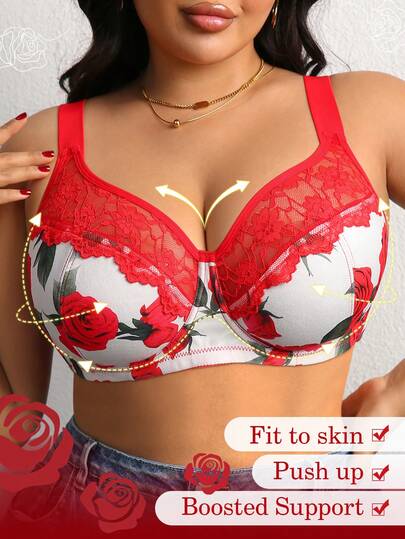 DesireSculpt Plus Size Lace Print Patchwork Underwire Bra With Comfortable Wide Strap, 1pc
