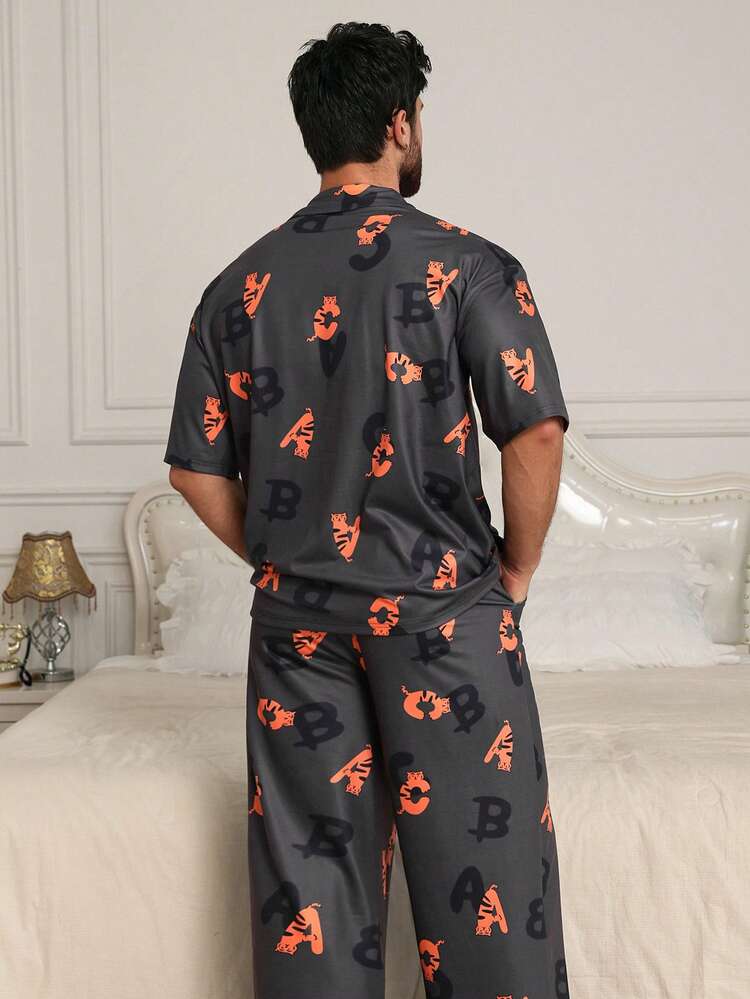 Men's Short Sleeve Top And Long Pants Floral Pajama Set, Spring/Summer