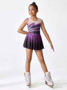 少女体操服，无袖渐变紫色和黑色水钻网纱拼接连体衣，弹力针织面料舒适健身连体裤 - 黑色 - 查看 5