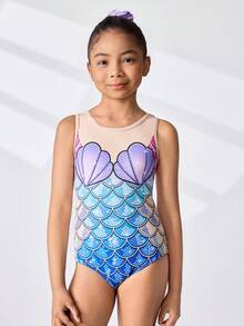 少女花样游泳体操服，美人鱼和海洋元素印花图案，数码印花全幅设计，优雅大方，适合游泳、健身和运动。 - 彩色 - 查看 8