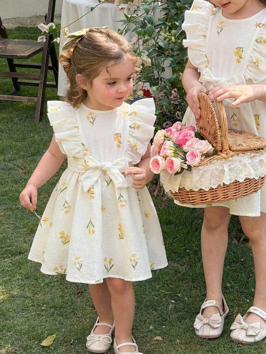 LMoss Kids Baby Girl Summer Vacation Cute Floral Pattern Ruffle Trim Sleeveless Top And Elastic Waist Pants Set - Beige - View 1