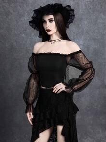 Glisette New Stylish Petal Sleeve Blouse, Sexy Off Shoulder Mesh Lace Patchwork Cinched Waist Women Top - Black - View 4