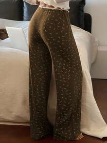 Livesso Ditsy Floral Knit Contrast Trim Waist Loose Straight Leg Long Pajama Pants, Suitable For Summer And Spring, Women - Olive Green - View 2