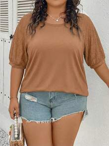 SHEIN CURVE+ Plus Size Women Top With Different Material Splicing,White T-Shirt - Khaki - View 4