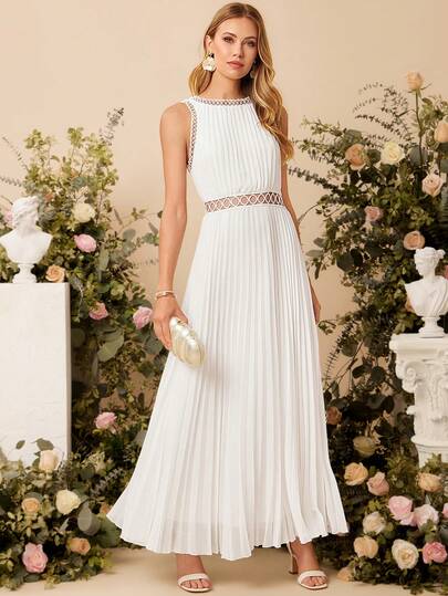 Amorya Women's Elegant Lace Trim Waist Hollow Out Chiffon A-Line Dress, Suitable For Wedding Guest, Evening Gown, Date, Travel, Vacation In Summer