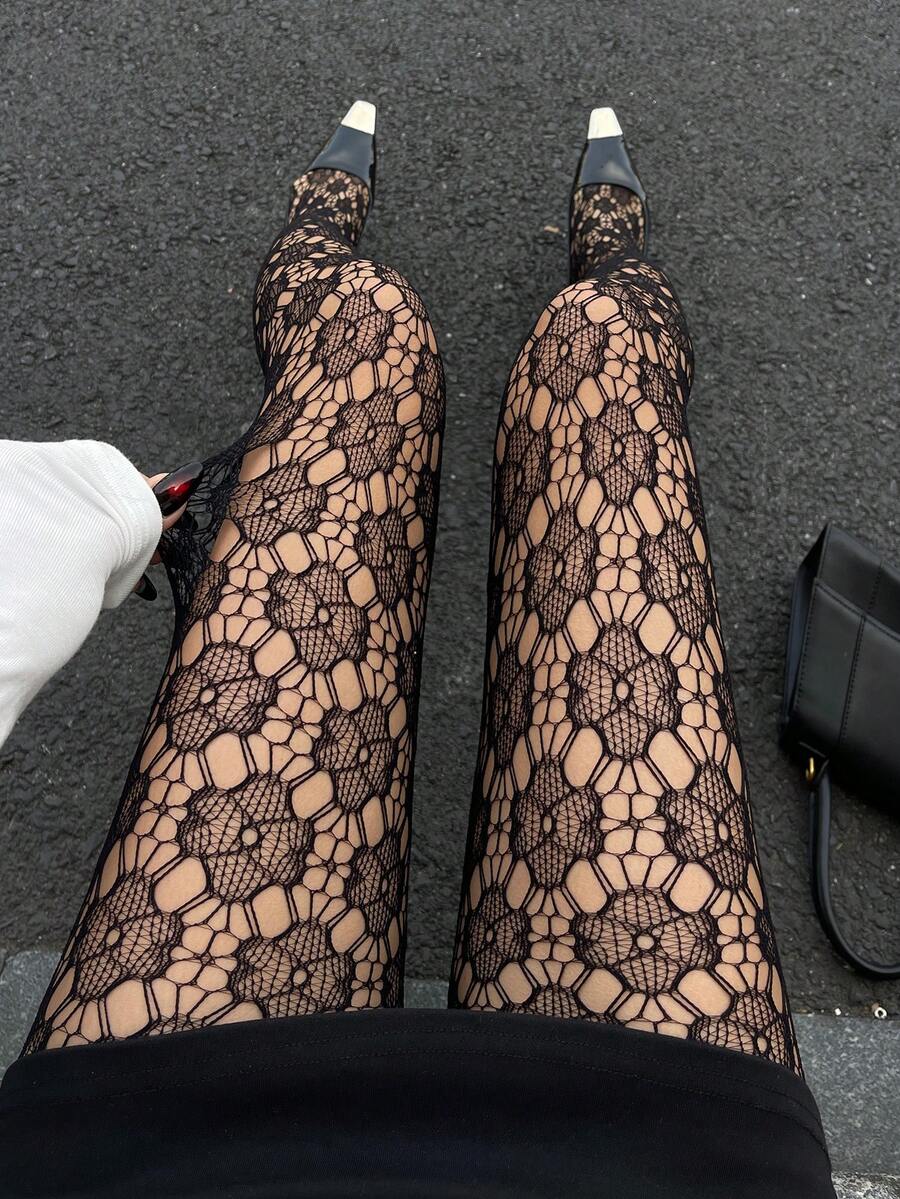 DAZY 女士性感透视镂空花卉渔网打底裤 - 黑色 - 查看 1