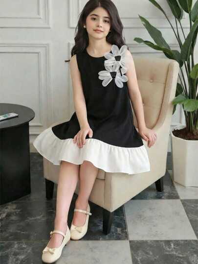 少女3D立体花卉装饰圆领无袖A字公主荷叶边法式连衣裙，适合家庭聚会和日常穿着