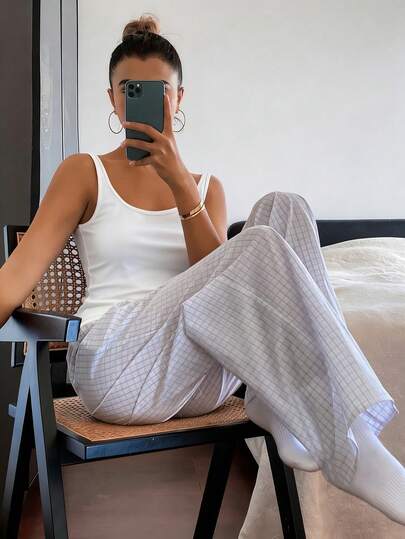 DAZY 2pcs Solid Color Camisole Top And Plaid Straight Leg Pants Summer Pajama Set For Women