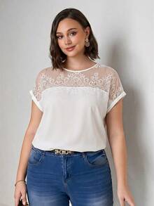 Chikora 大码优雅纯色蕾丝拼接衬衫，夏季 - 白色 - 查看 5