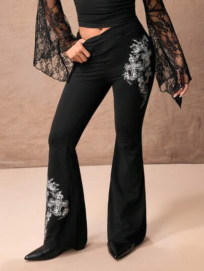 ROMWE PETITE V腰藤蔓交叉印花紧身喇叭裤