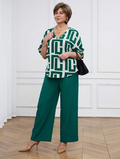 Miaspire Women's Casual Commuter Geometric Print Top And Pants 2 Pieces Set