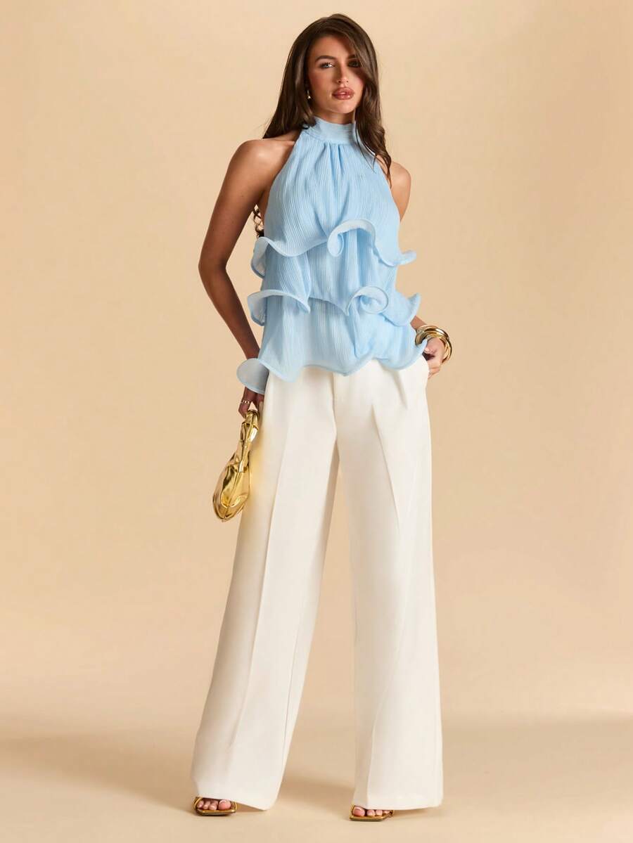 SHEIN BAE Blue Sleeveless Ruched Ruched Hem Camisole Top, Blue Summer Shirt, Pleated Blouse - Blue - View 1