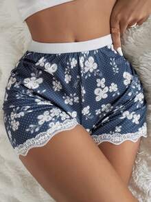 DAZY Ditsy Floral Lace Patchwork Women's Safety Shorts - Navy Blue - View 7