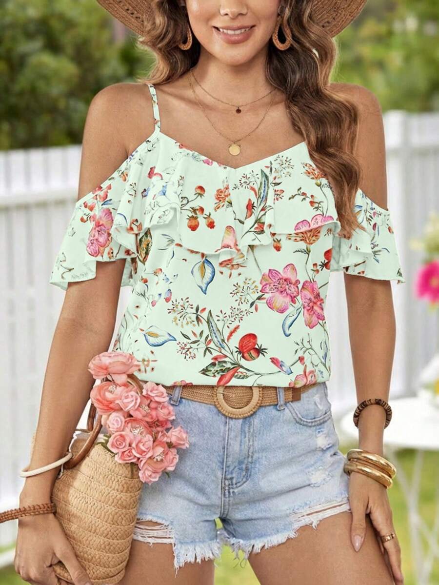 KARISMINA 女士度假风露肩荷叶边碎花上衣 - 綠色 - 查看 1