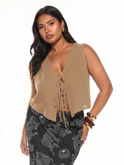 Solavibe Blusa sin mangas de unicolor con nudo delantero para mujer talla grande, estilo casual de verano y minimalista